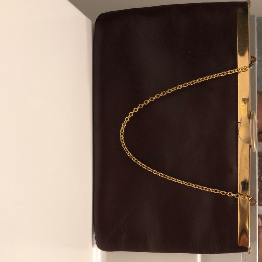 Vintage bag by Etra. Elegant Brown and Gold Envelope Clutch with Chain Strap